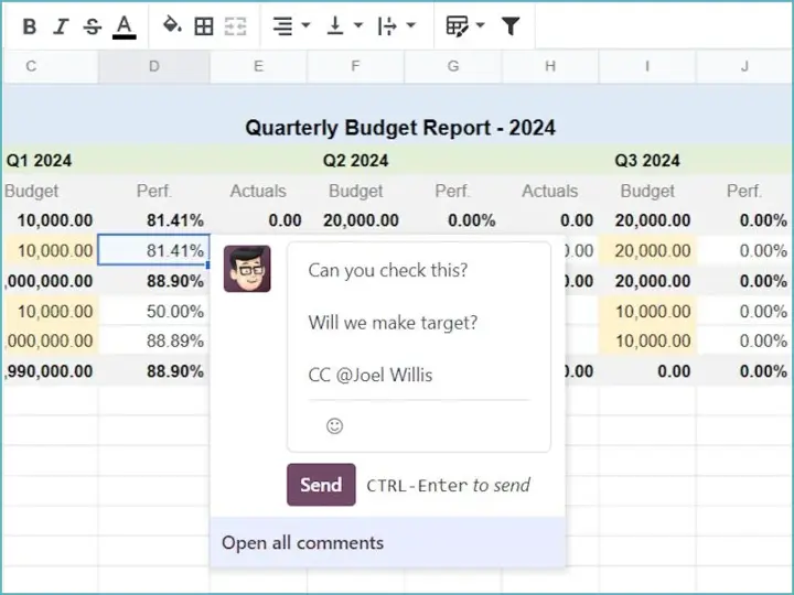 Odoo 18 geeft de mogelijkheid om direct binnen spreadsheets reacties te geven en collega's te taggen
