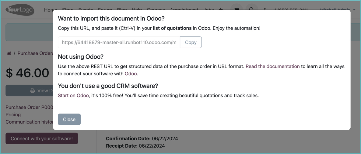 Download ubl purchase order from odoo portal