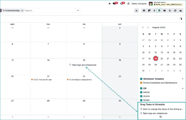 Odoo plan taken in kalender