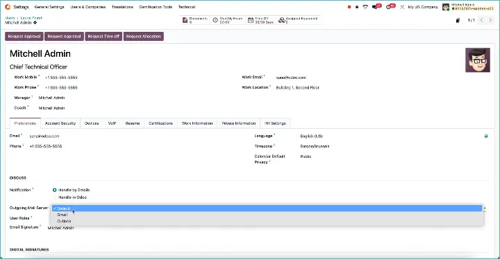 Odoo uitgaande mailserver per gebruiker