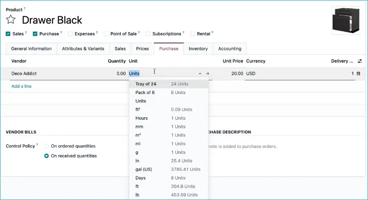 Odoo Inkoopeenheid per leverancier