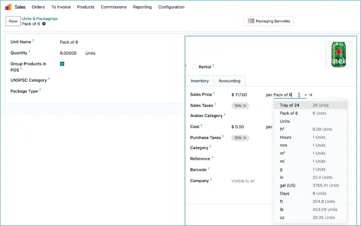 Odoo eenheden en verpakkingen
