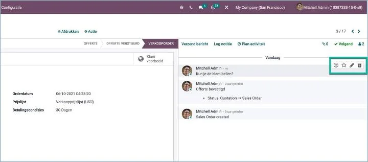 Odoo - Bewerken en verwijderen van interne chatberichten