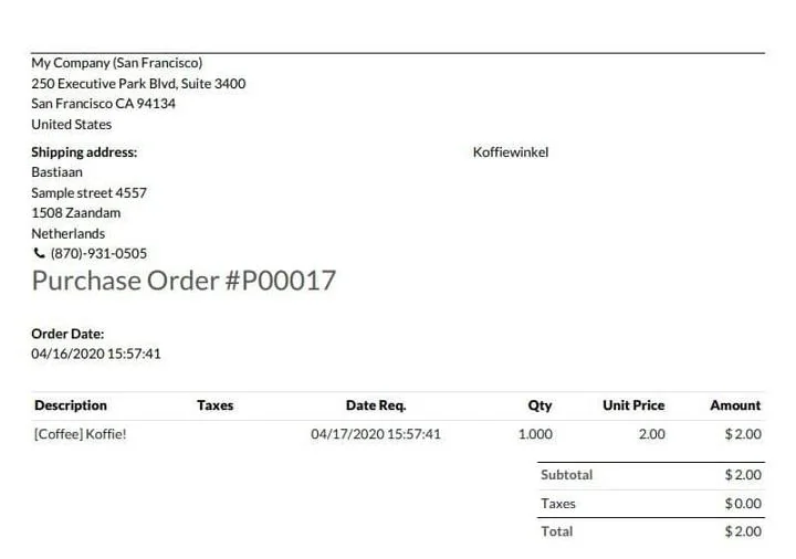 Odoo Inkooporder Afdrukvoorbeeld
