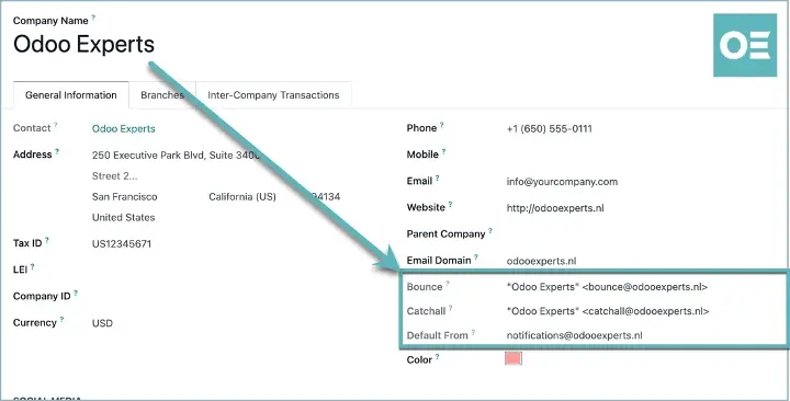 Odoo Multi-Company e-mailen met eigen domein