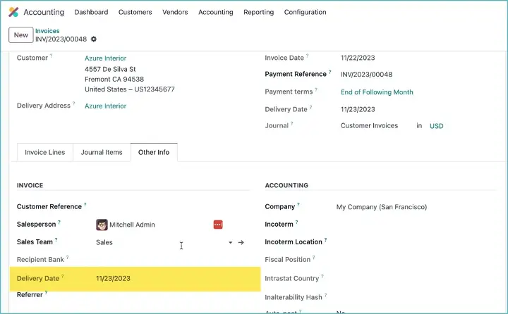 Odoo Leverdatum op factuur