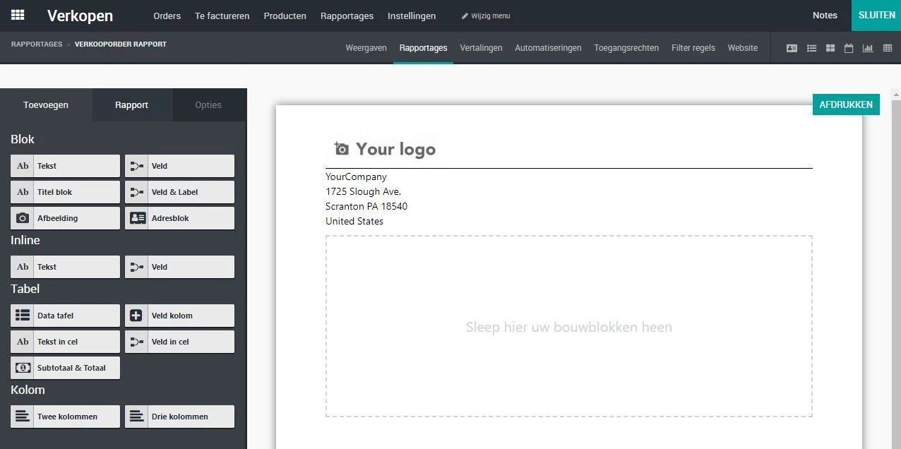 Odoo Studio, maak nieuw rapport