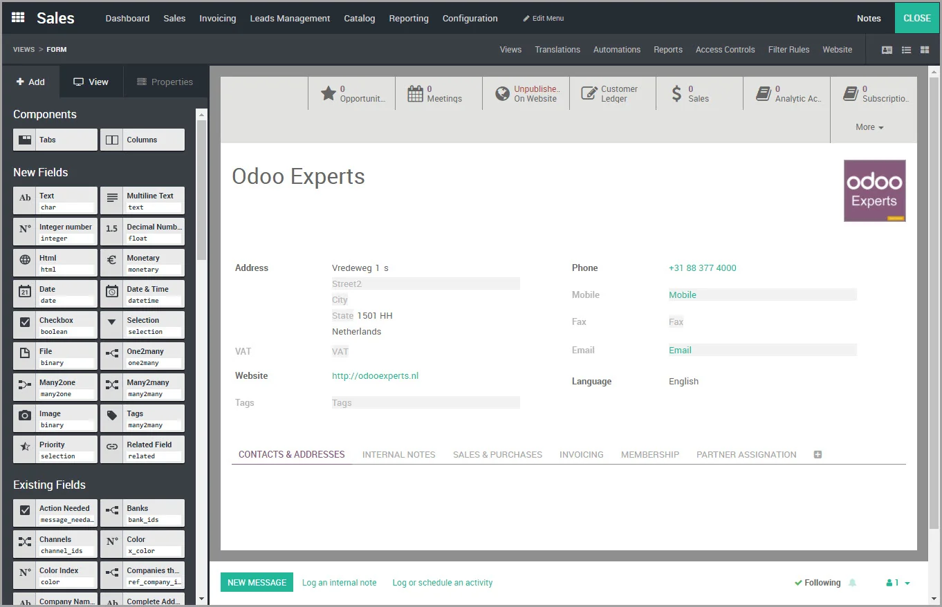 Odoo Studio versie 2 weergave