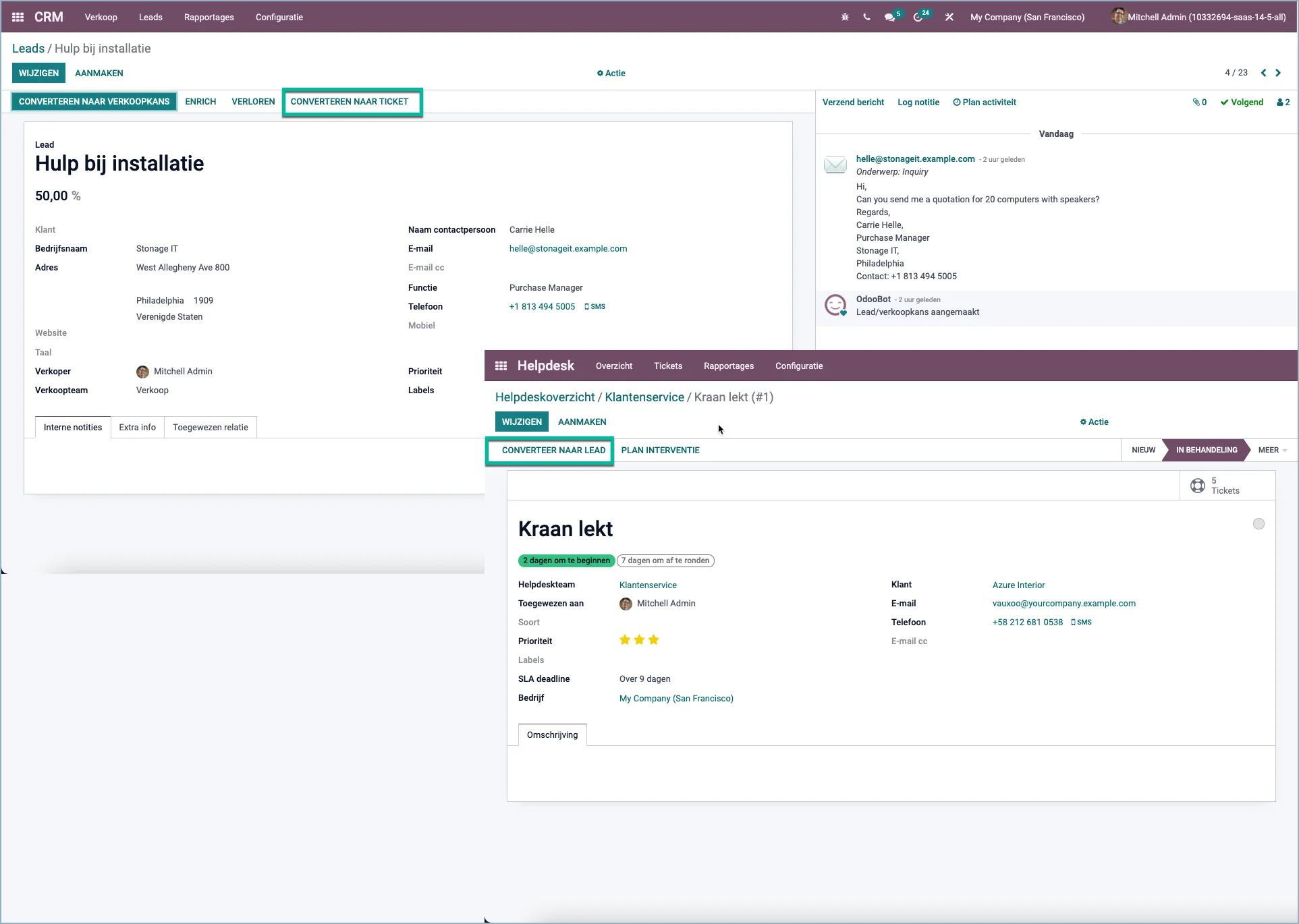 Odoo Maak leads van helpdeskticket