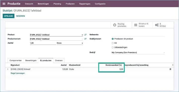 Odoo - Stuklijst kostenverdeling