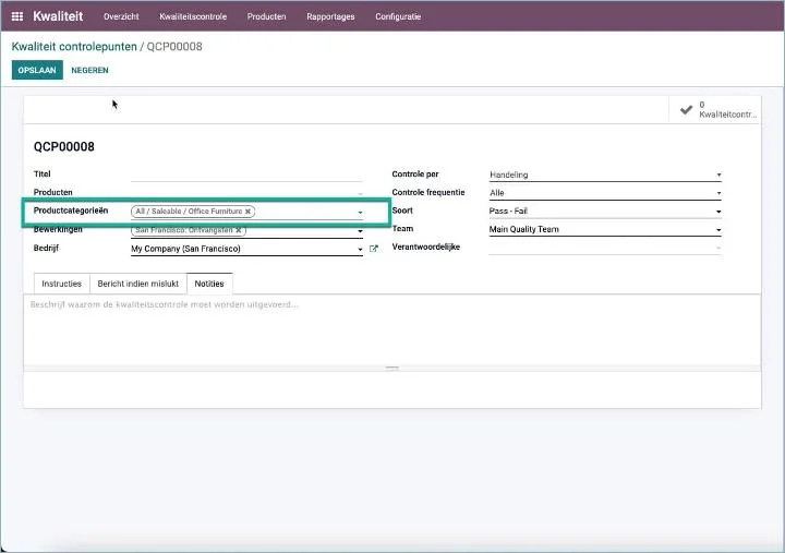 Odoo - Kwaliteitspunten per productcategorie