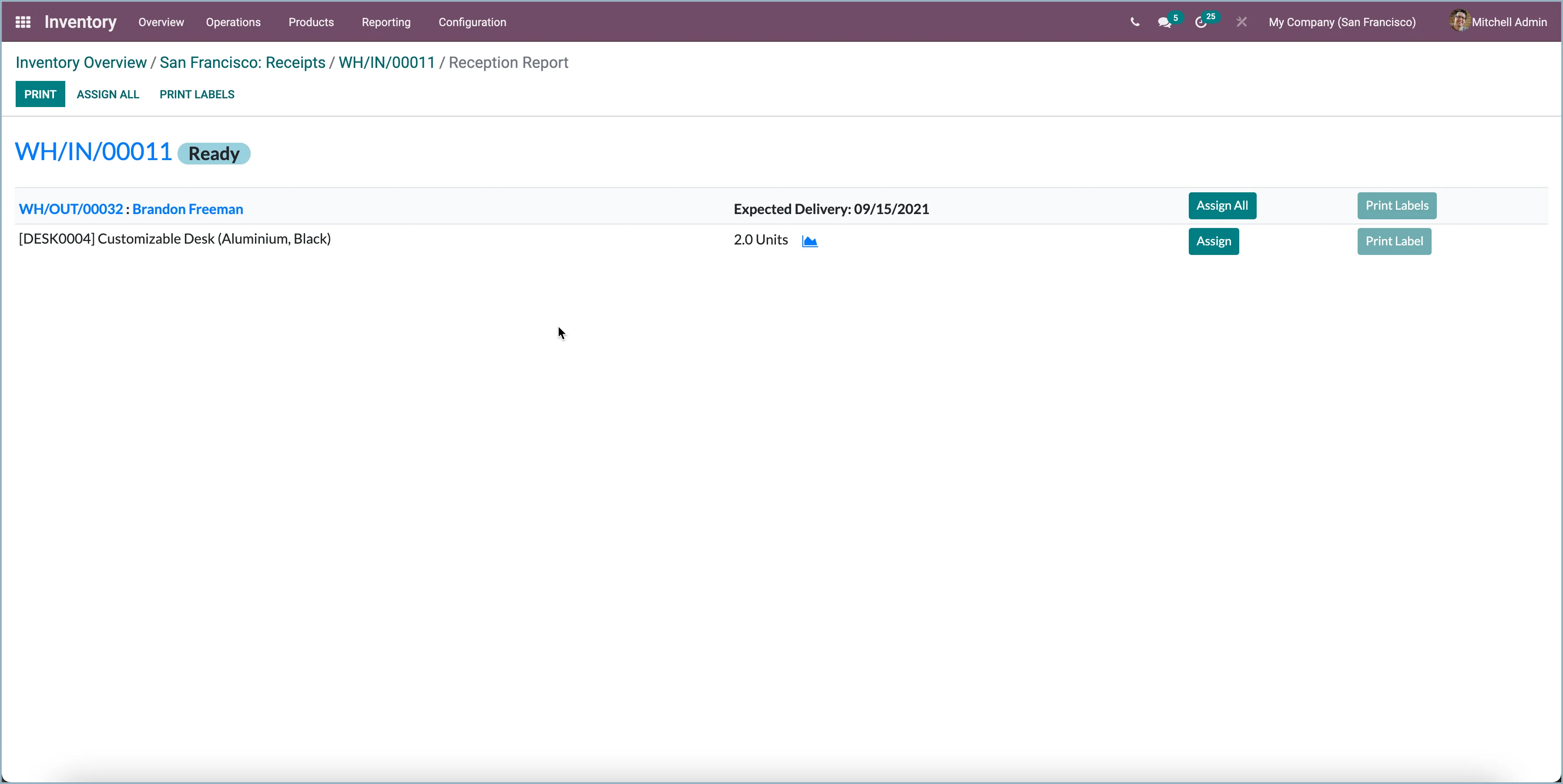 Odoo ontvangst rapportage