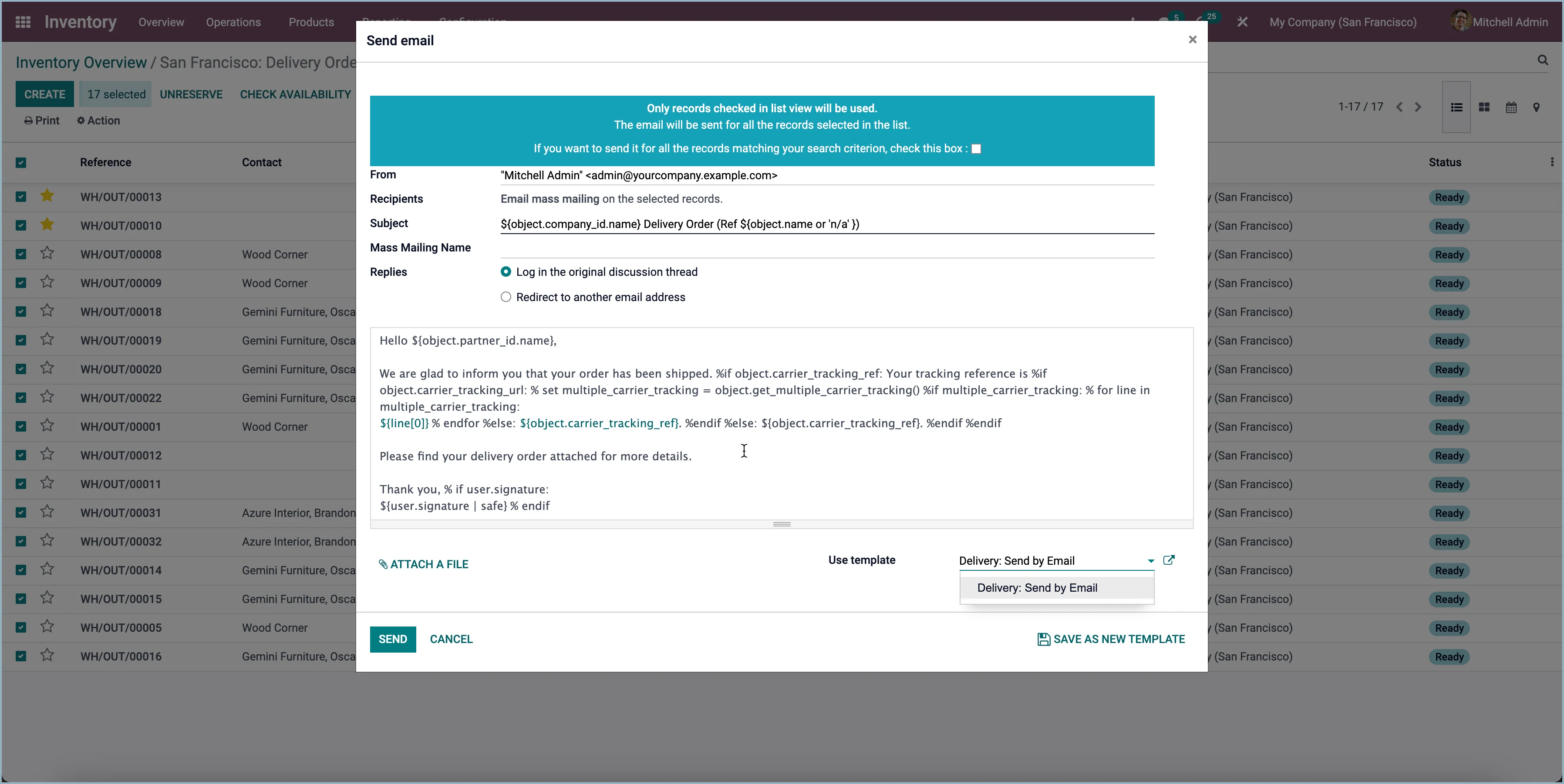 Odoo Bulkmailingen vanaf een levering
