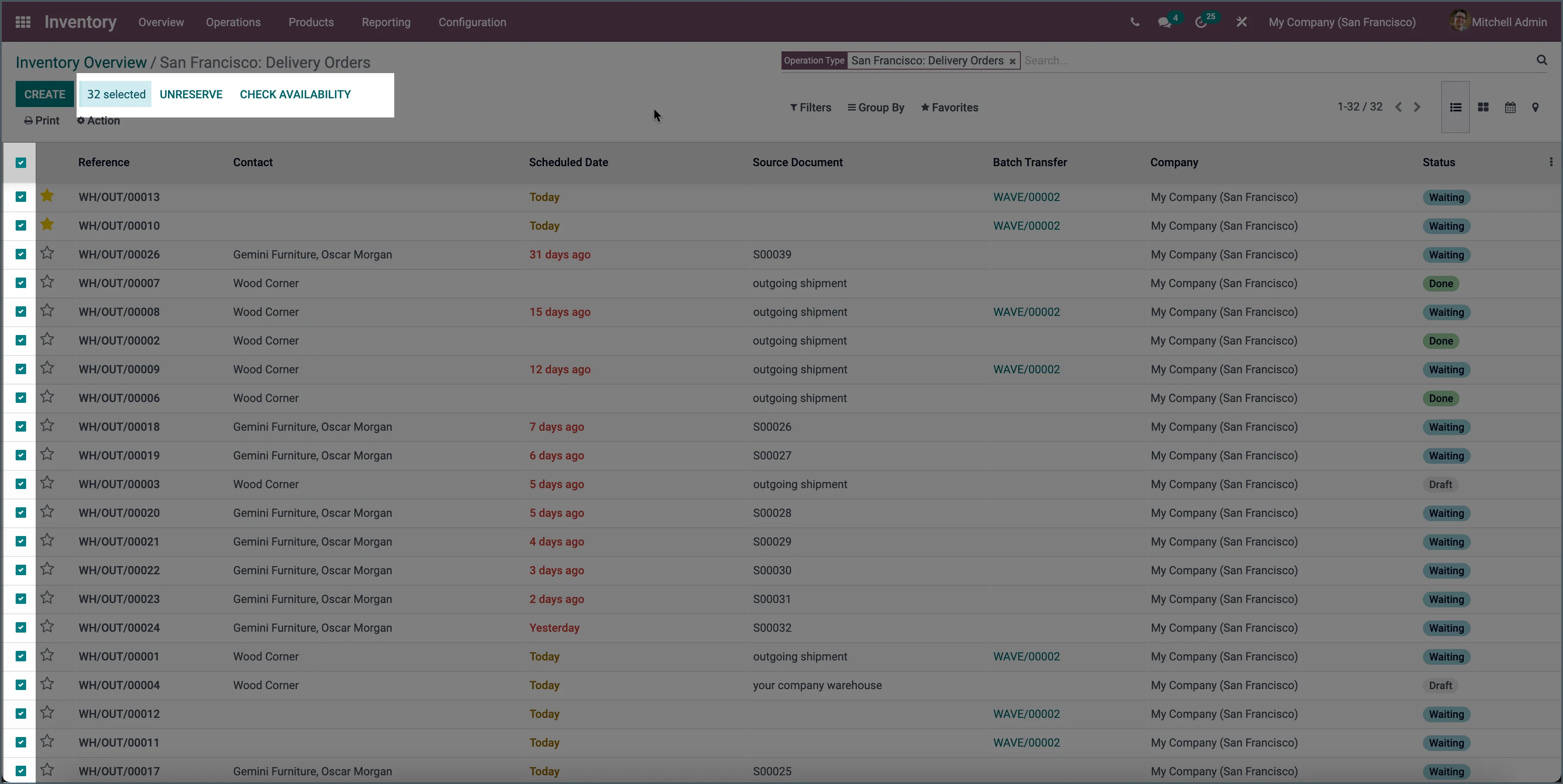 Odoo reserveren en reservering ongedaan maken in batch