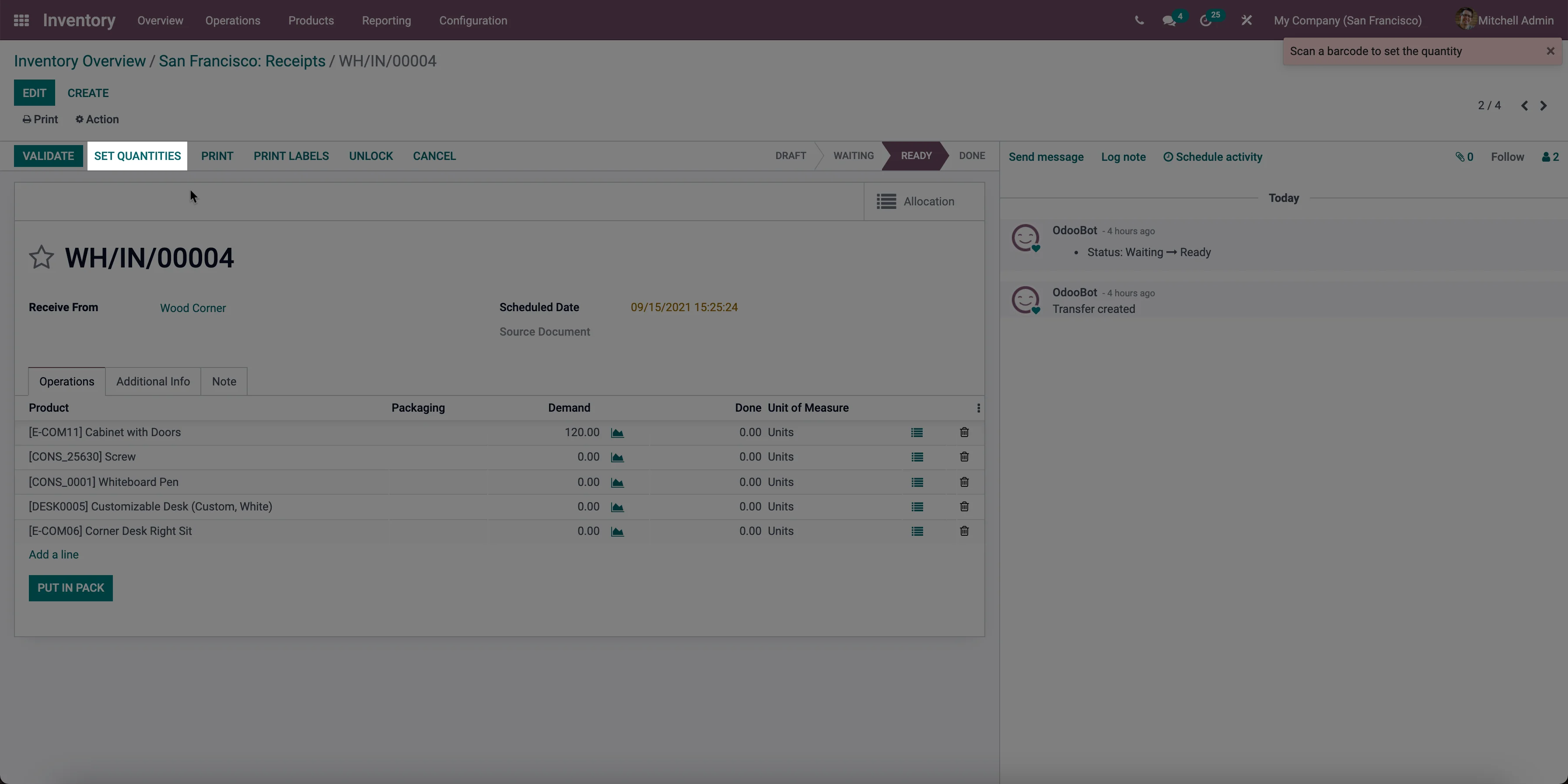 Odoo ontvangst aantallen instellen