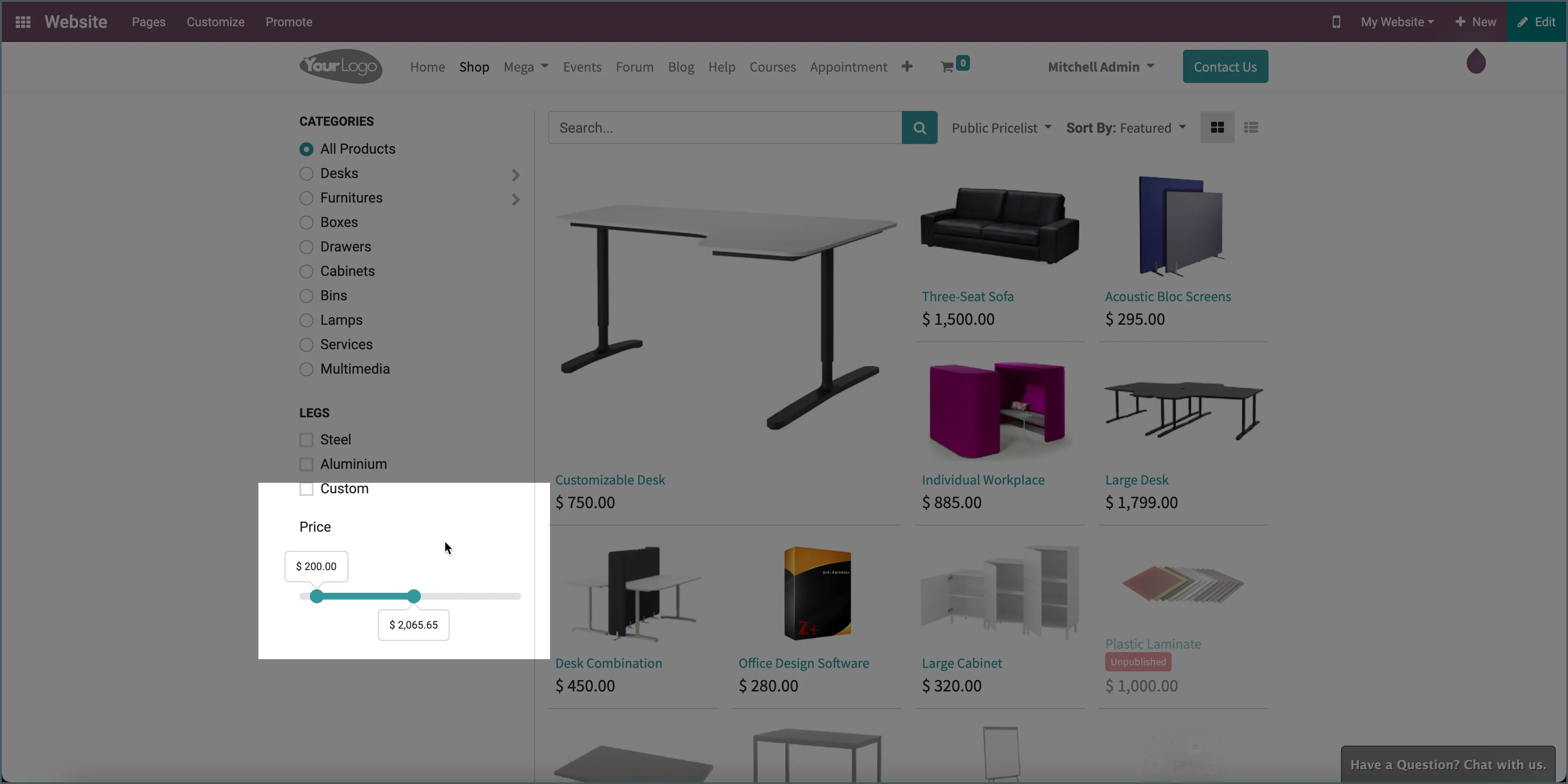 Odoo - Product prijzen filter (price slider)