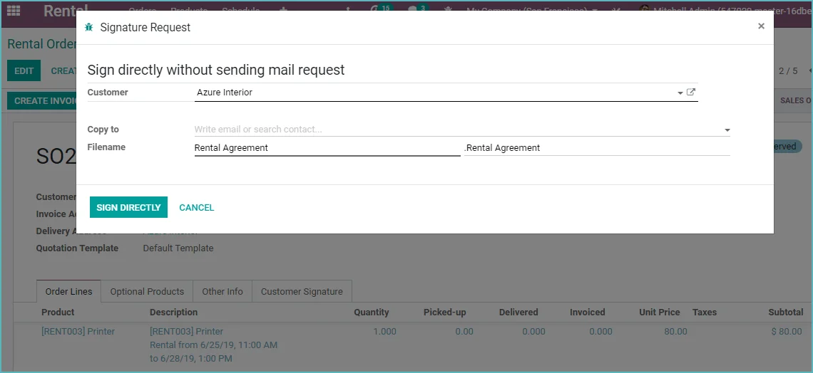 Odoo Rental Order Digitally signed
