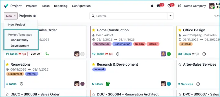 Odoo maak projecten op basis van sjabloon